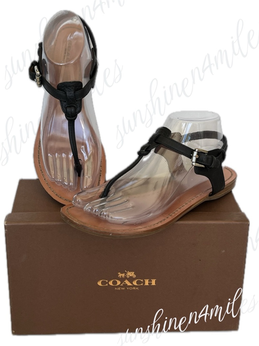 COACH “Clarkson” Black
w/ Silver Hardware Leather Slingback T-Strap Thong Sandal